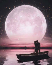 Нежный поцелуй в лодке на фоне полнолуния
