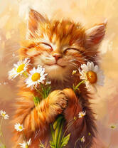 Рыжий котенок с ромашками в лапках