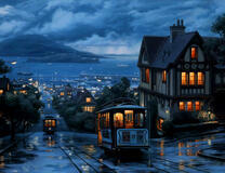 Трамвайчик ранним утром в городе