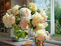 Без бренда «Ваза с букетом белых пионов у окна» в Смоленске