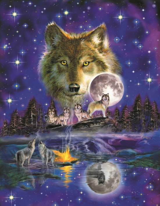 Алмазная мозаика 40x50 Темная звездная ночь и стая волков у озера