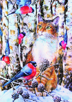 Рыжий кот и снегири в зимнем лесу