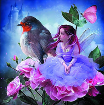 Дюймовочка с птичкой на цветке