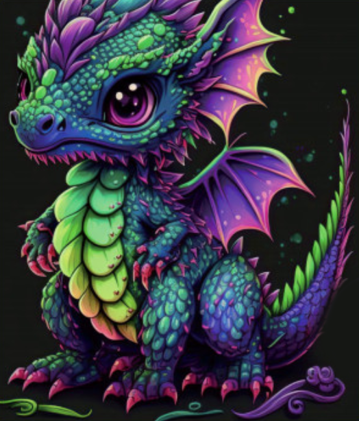 Алмазная мозаика частичная выкладка 21x25 Красивый фиолетово-зеленый дракончик