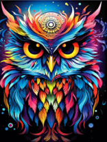 Яркая разноцветная сова на синем фоне